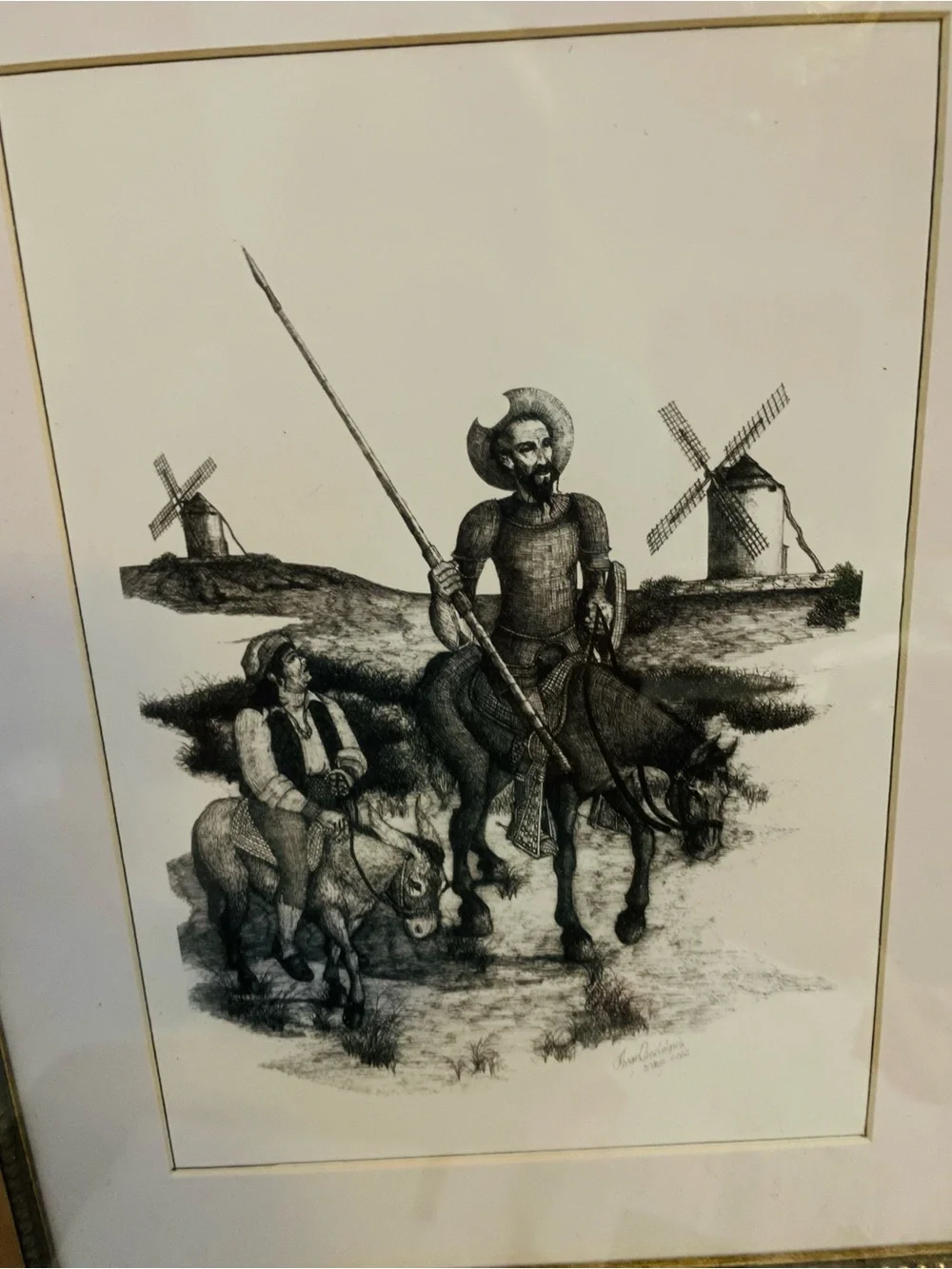 Vintage-Jaime Candelaria-Spanish Artist-signed  Pen+Ink-Don Quixote-Sancho Panza